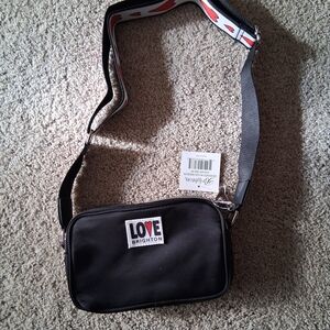 Brighton Black Crossbody Bag with LOVE Patch and Red-Accented Strap